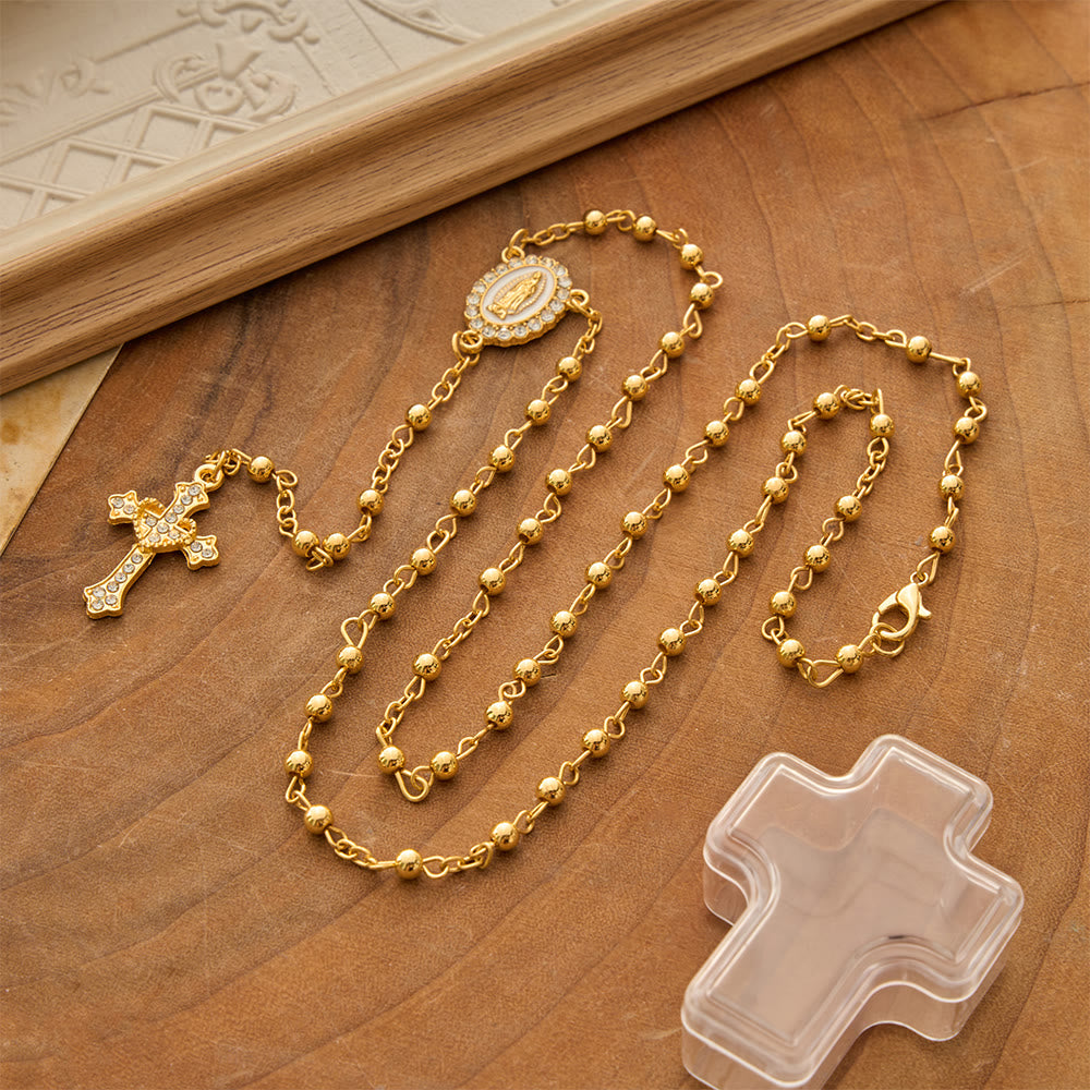 Christianartworkshop Smooth Bead Metal Chain Rosary With Detailed Crucifix: Emblem of Quiet Heavenly Mercy - Golden - image 0