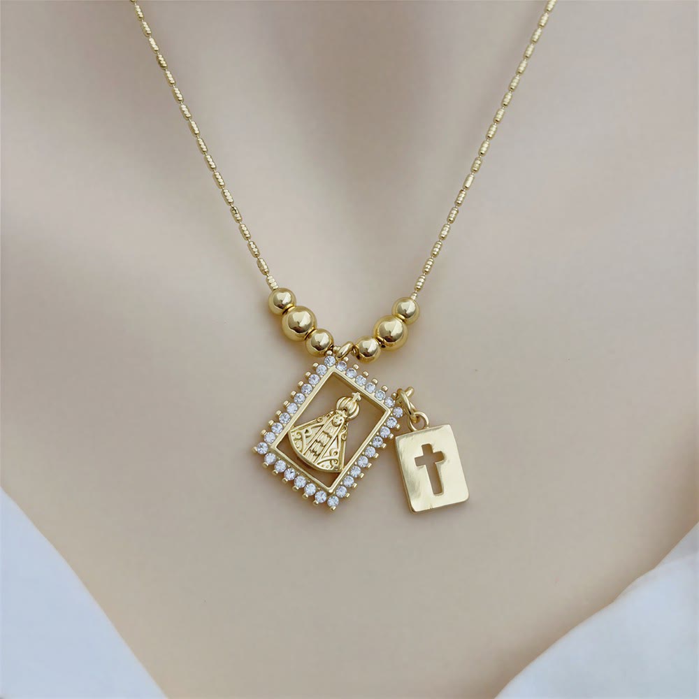 Christianartworkshop Bead Chain Holy Medallion Cross Necklace: Emblem of Tender Heavenly Comfort - Aparecida Virgin - image 6
