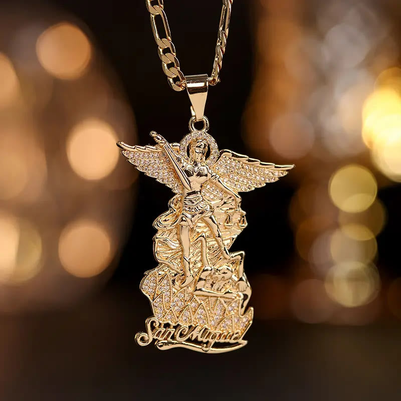 Christianartworkshop Saint Michael Archangel Pendant Necklace Cubic Zirconia Inlaid Guardian Angel Chain - Gold Archangel Pendant Fully Inlaid Clear Stones - image 0