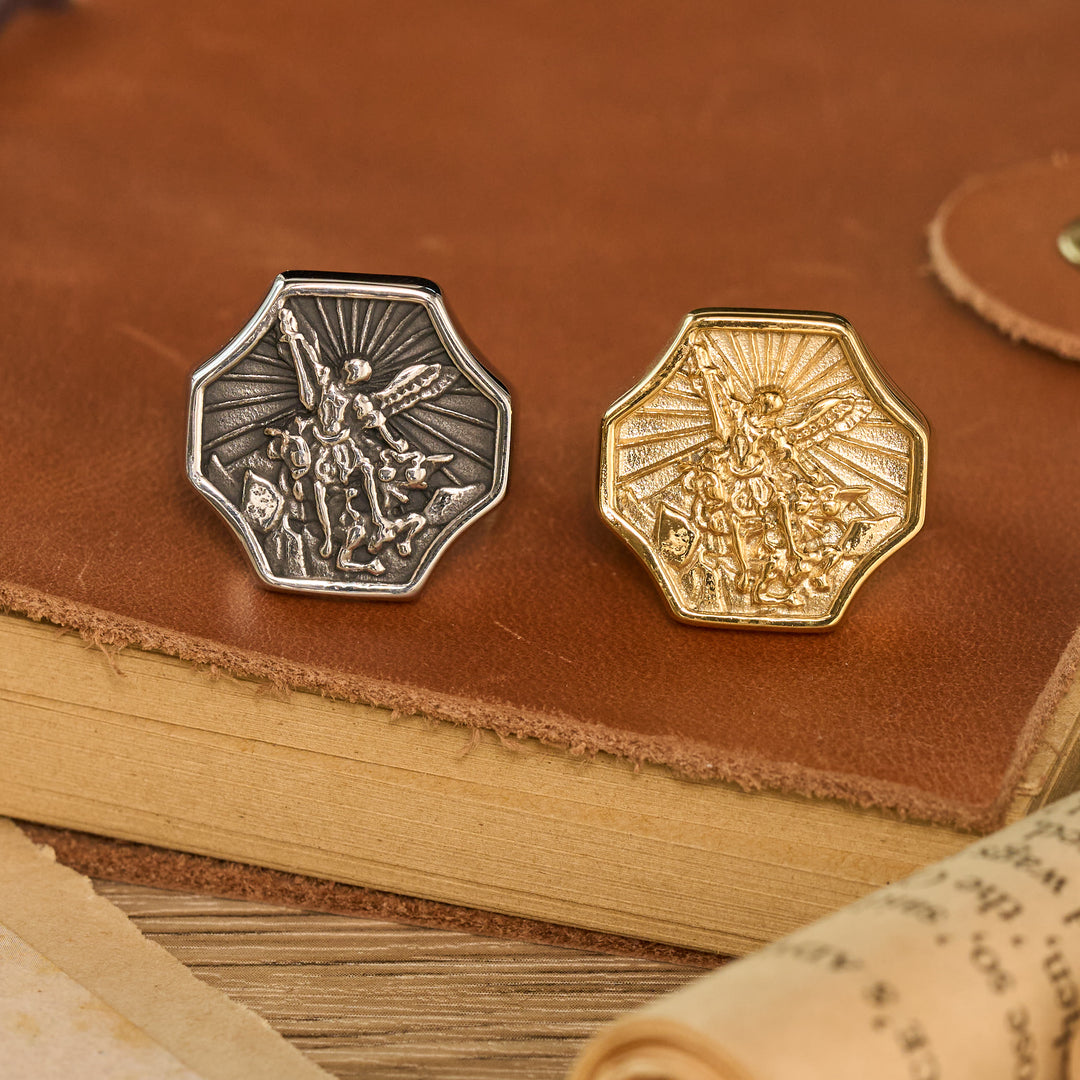 Christianartworkshop Octagonal Embossed Archangel Sculpted Ring: Emblem of Valiant Heavenly Protection - image 0