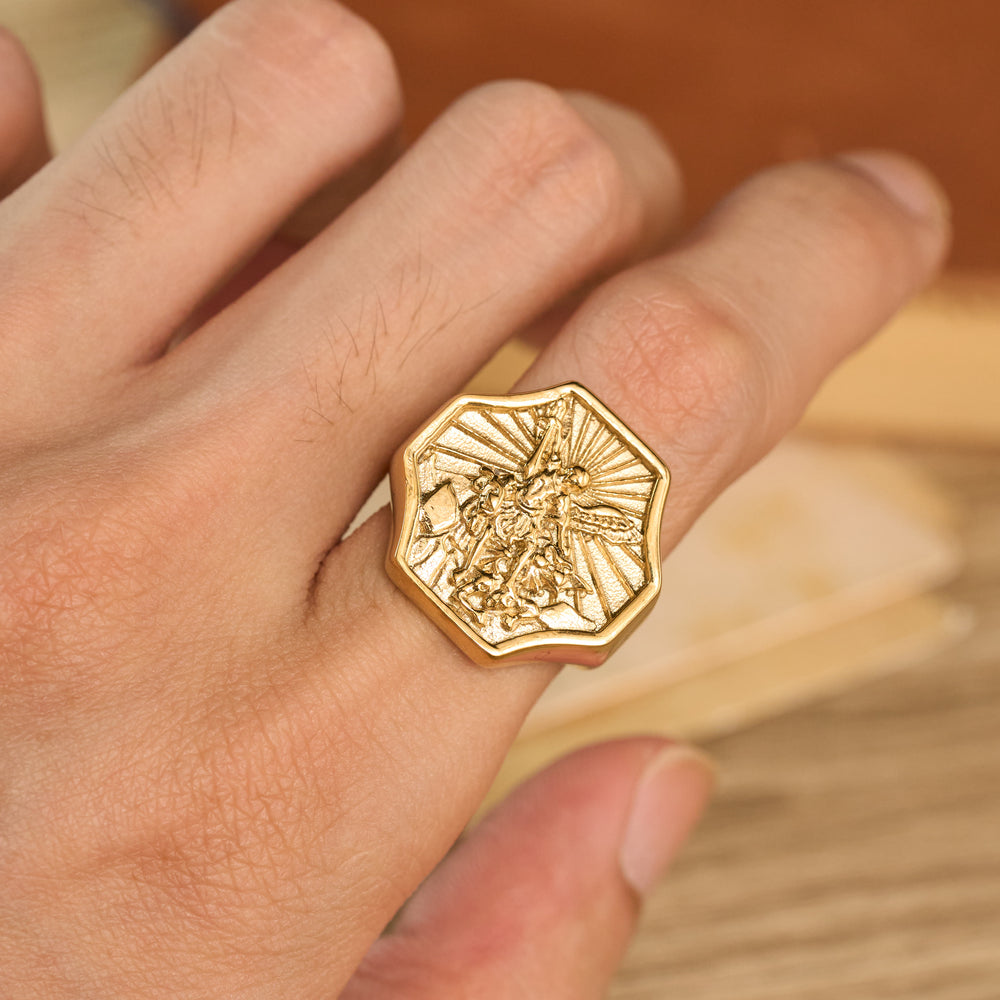 Christianartworkshop Octagonal Embossed Archangel Sculpted Ring: Emblem of Valiant Heavenly Protection - Golden - US 13 - image 1