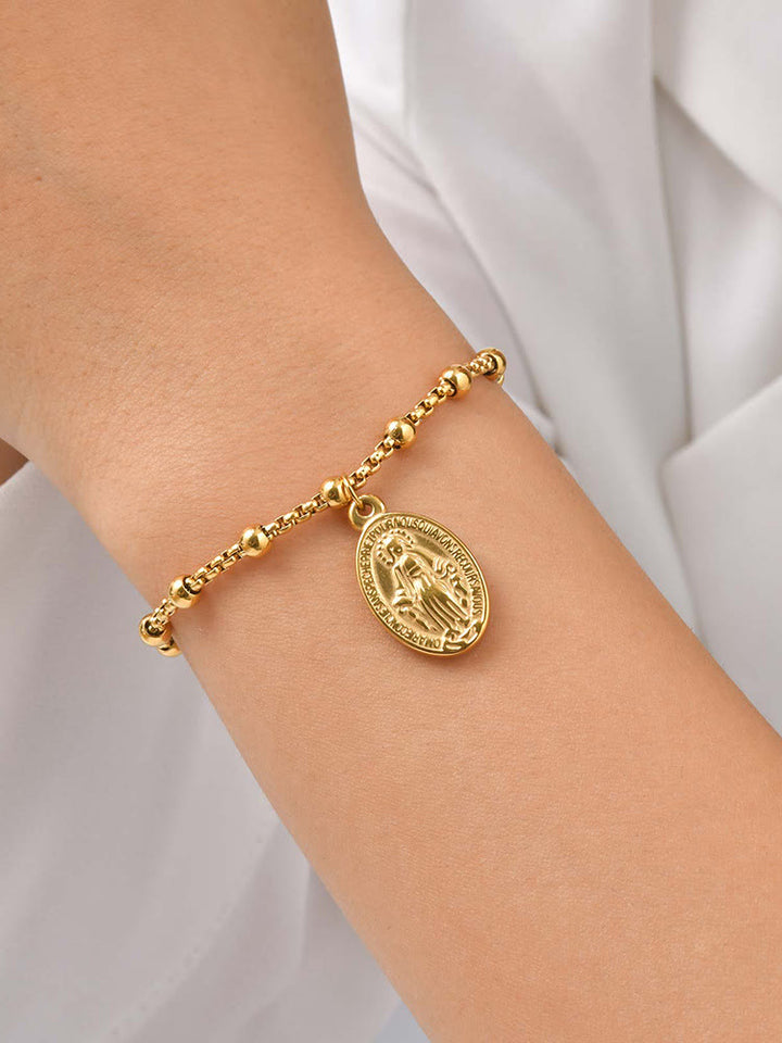 Christianartworkshop Textured Bead‑Chain Medal Bracelet: Token of Sustained Inner Fortitude - Miraculous Medal&Crucifix-Golden - image 22