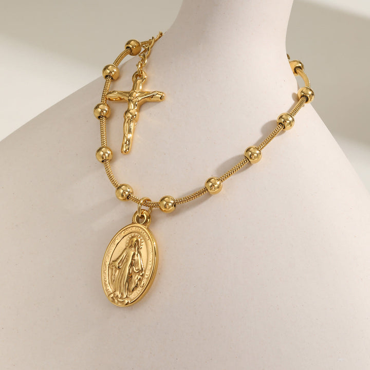 Christianartworkshop Textured Bead‑Chain Medal Bracelet: Token of Sustained Inner Fortitude - Miraculous&Crucifix-Golden - image 15