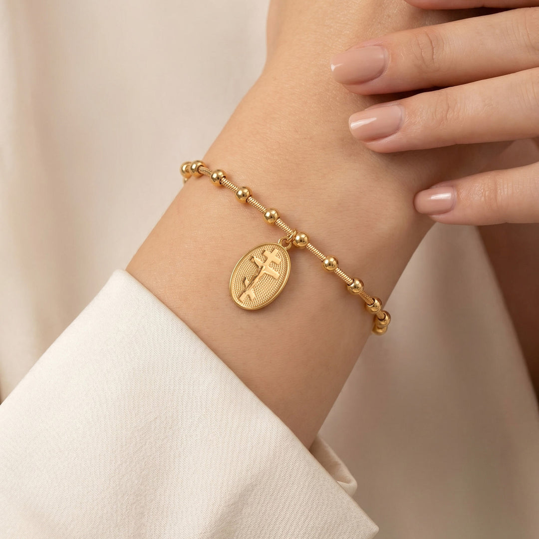 Christianartworkshop Textured Bead‑Chain Medal Bracelet: Token of Sustained Inner Fortitude - Orthodox Cross-Golden - image 3