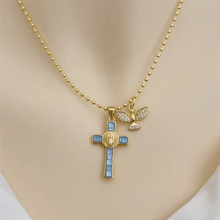 Christianartworkshop Holy Spirit Pastel Inlaid Cross Necklace Emblem of Heavenly Protection - Sky Blue - image 11