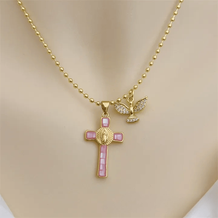 Christianartworkshop Holy Spirit Pastel Inlaid Cross Necklace Emblem of Heavenly Protection - Light Pink - image 1