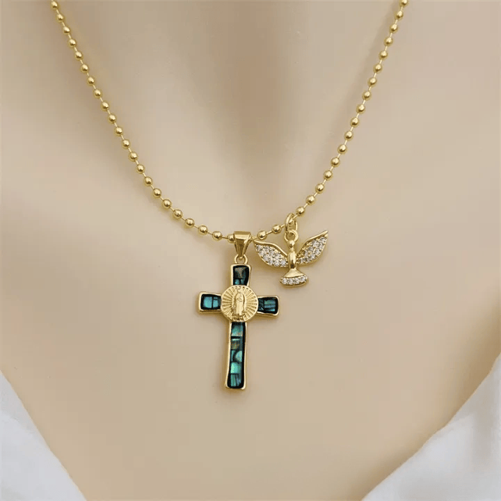 Christianartworkshop Holy Spirit Pastel Inlaid Cross Necklace Emblem of Heavenly Protection - Dark Green - image 3