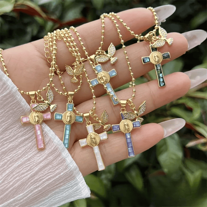Christianartworkshop Holy Spirit Pastel Inlaid Cross Necklace Emblem of Heavenly Protection - image 0