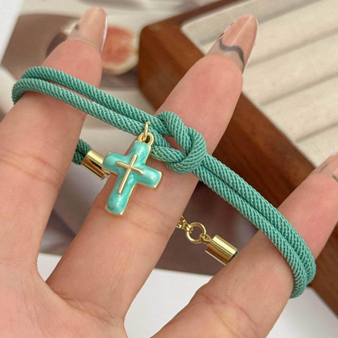 Christianartworkshop Soft Knotted Cord Cross Charm Bracelet: Emblem of Gentle Heavenly Comfort - Light Green - image 3