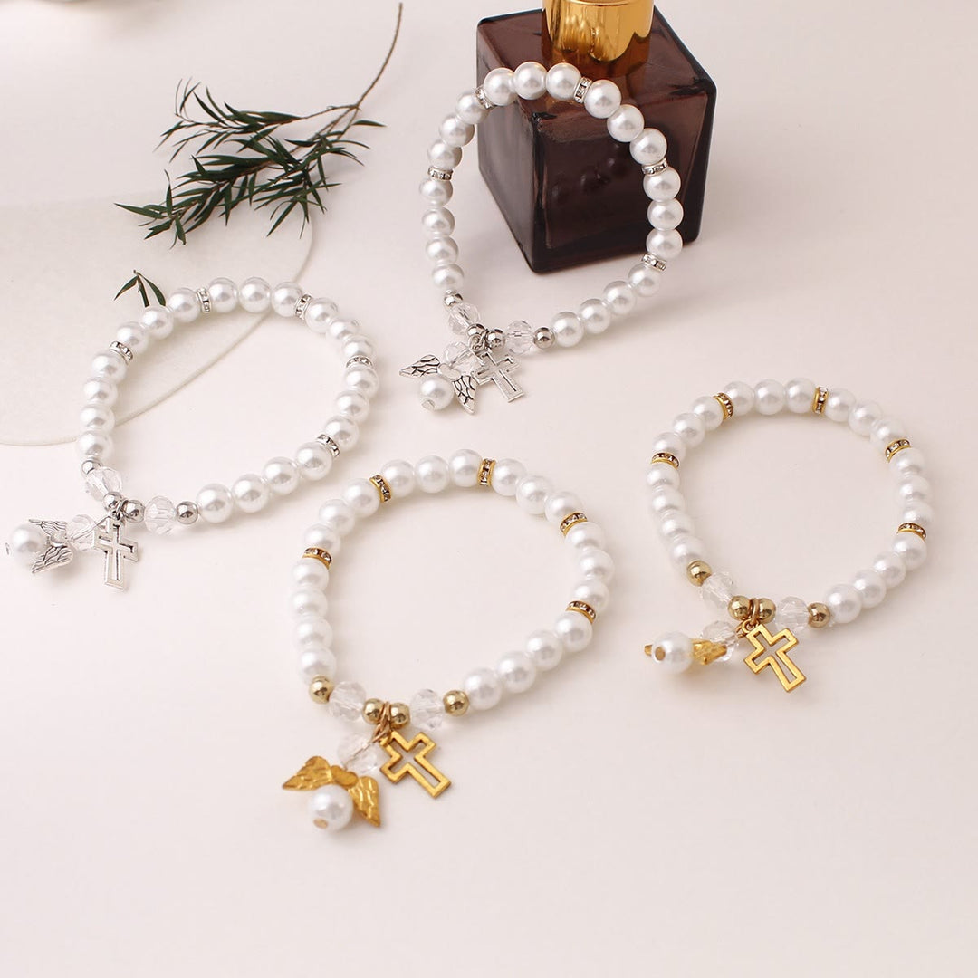 Christianartworkshop Lustrous Pearl Beaded Cross Stretch Bracelet: Emblem of Pure Heavenly Purity - image 1