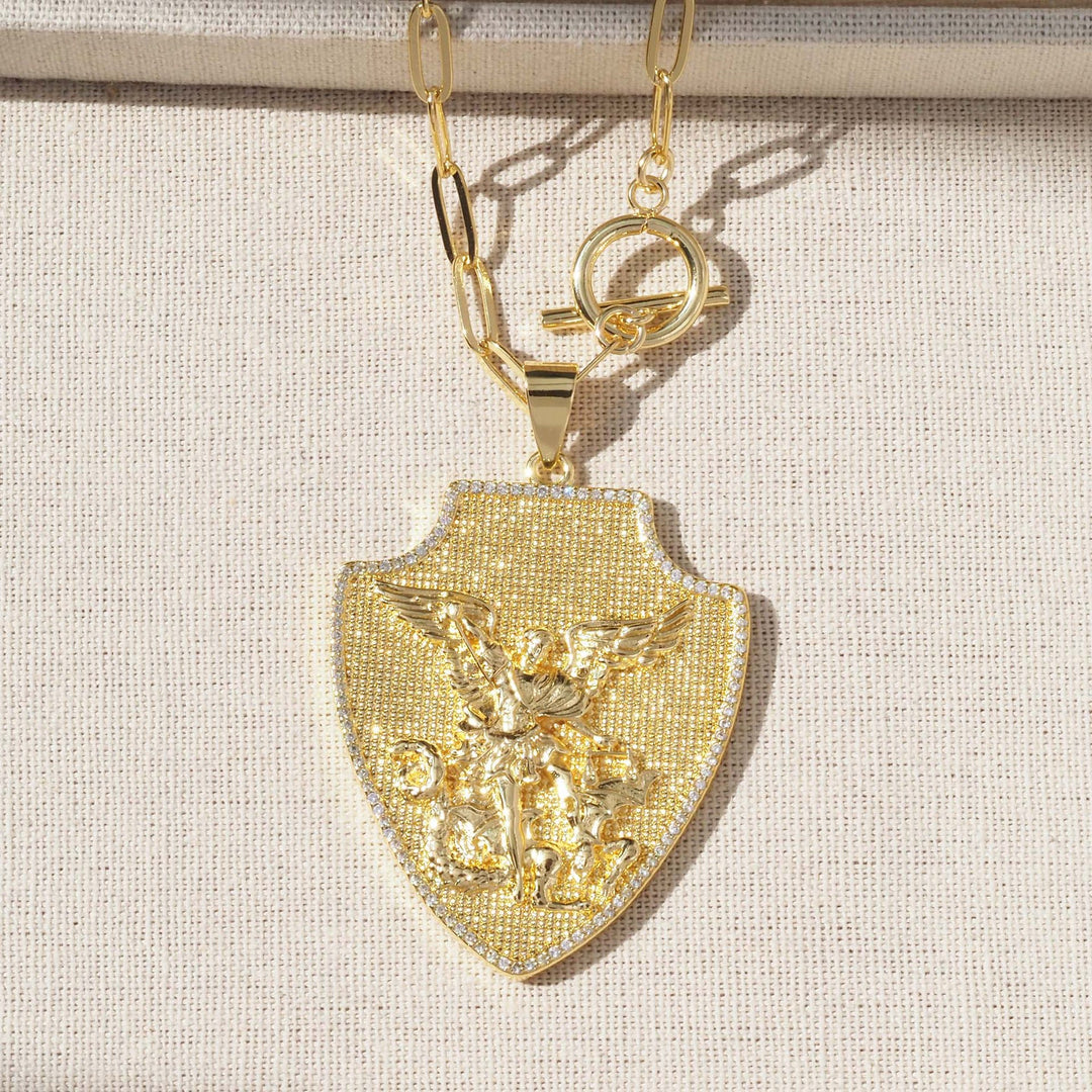 Christianartworkshop Ornate Shield‑Shaped Saint Pendant Necklace: Emblem of Mighty Heavenly Protection - Textured Gold Shield St. Michael Pendant - image 3