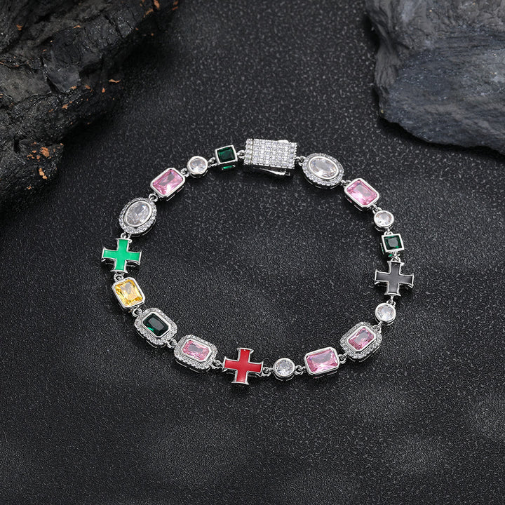 Christianartworkshop Ornate Multi‑Stone Cross Interlocking Chain: Token of Abiding Watchful Safeguard - Bracelet - Silver - 9''/23cm - image 4