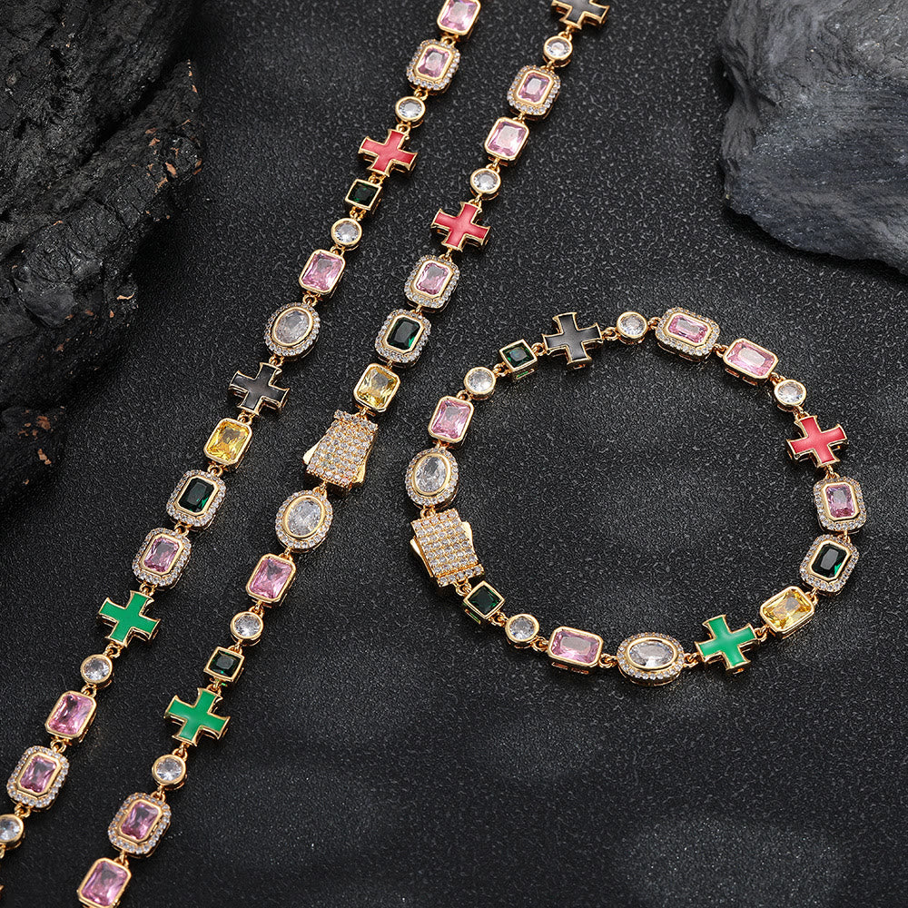 Christianartworkshop Ornate Multi‑Stone Cross Interlocking Chain: Token of Abiding Watchful Safeguard - Bracelet - Golden - 9''/23cm - image 7