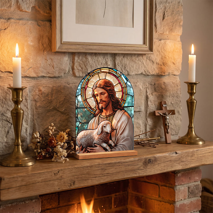 Christianartworkshop Arched Desktop Plaque With Wooden Stand Stained Glass Religious Cross, Virgin Mary And Jesus Table Decor - Jesus - image 0