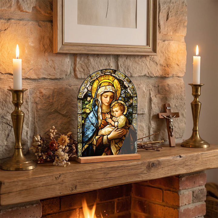 Christianartworkshop Arched Desktop Plaque With Wooden Stand Stained Glass Religious Cross, Virgin Mary And Jesus Table Decor - Mary - image 4