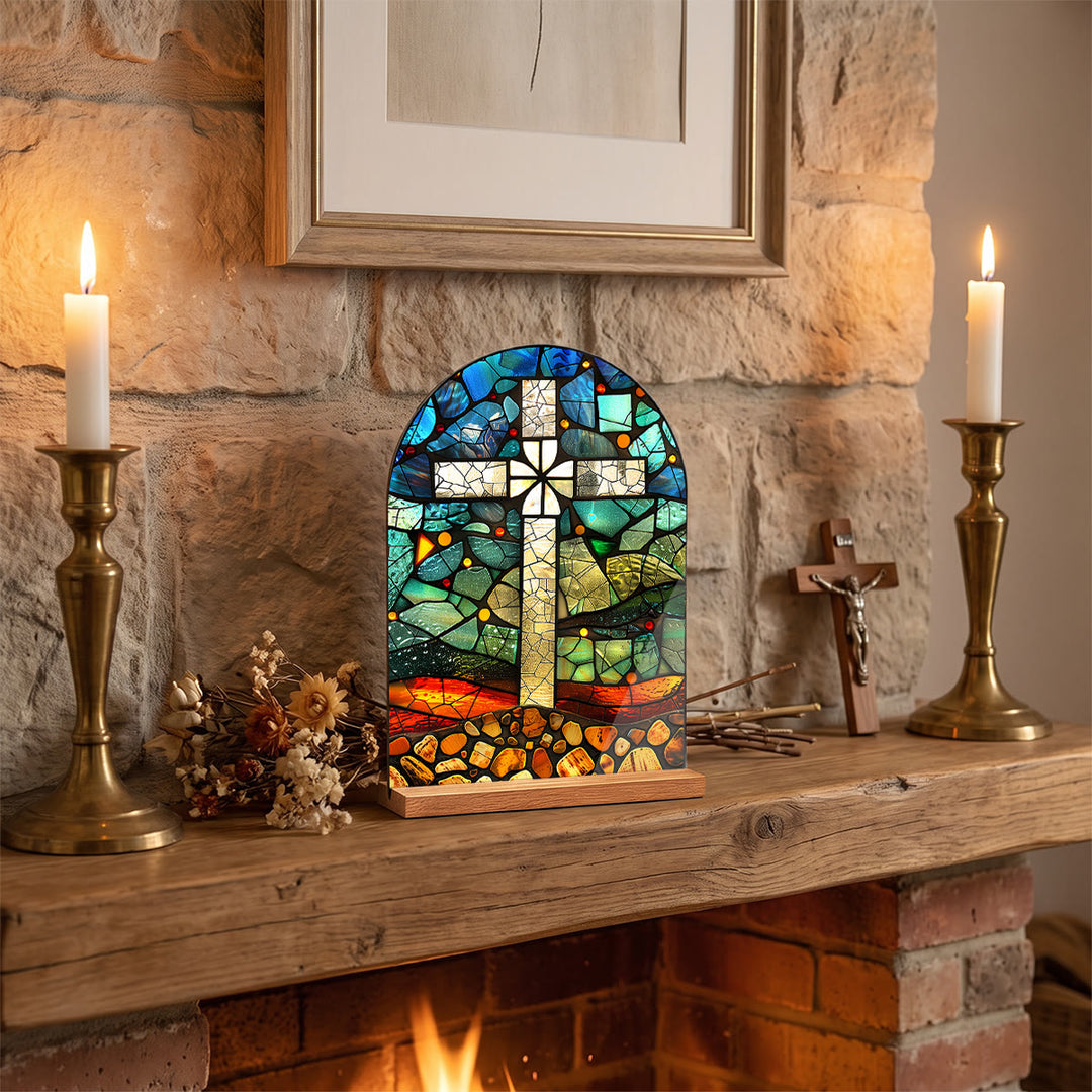 Christianartworkshop Arched Desktop Plaque With Wooden Stand Stained Glass Religious Cross, Virgin Mary And Jesus Table Decor - Cross - image 2