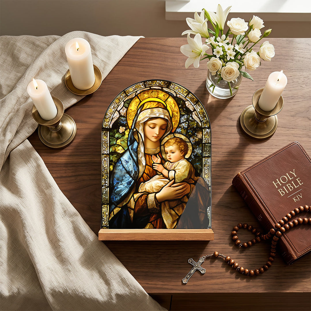 Christianartworkshop Arched Desktop Plaque With Wooden Stand Stained Glass Religious Cross, Virgin Mary And Jesus Table Decor - image 5