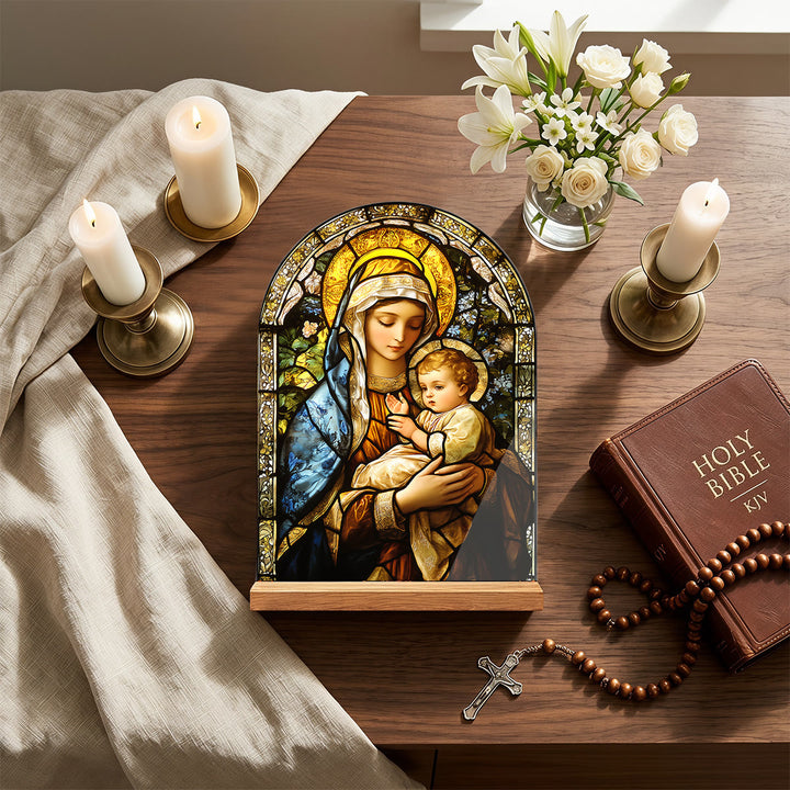 Christianartworkshop Arched Desktop Plaque With Wooden Stand Stained Glass Religious Cross, Virgin Mary And Jesus Table Decor - image 5