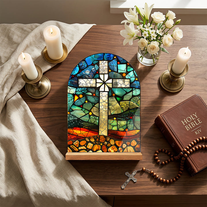 Christianartworkshop Arched Desktop Plaque With Wooden Stand Stained Glass Religious Cross, Virgin Mary And Jesus Table Decor - image 3