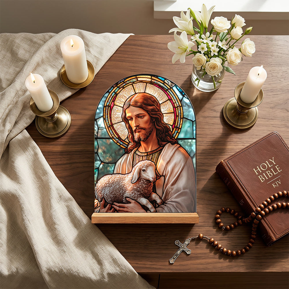 Christianartworkshop Arched Desktop Plaque With Wooden Stand Stained Glass Religious Cross, Virgin Mary And Jesus Table Decor - image 1