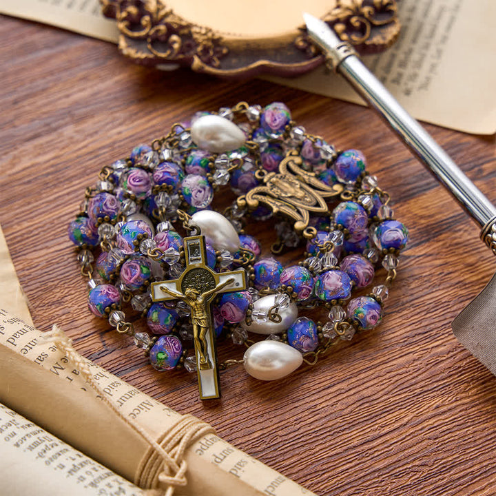 Christianartworkshop Antique‑Tone Chain Blue Glass Floral Beads Rosary With Our Lady Medallion & Detailed Crucifix - image 4