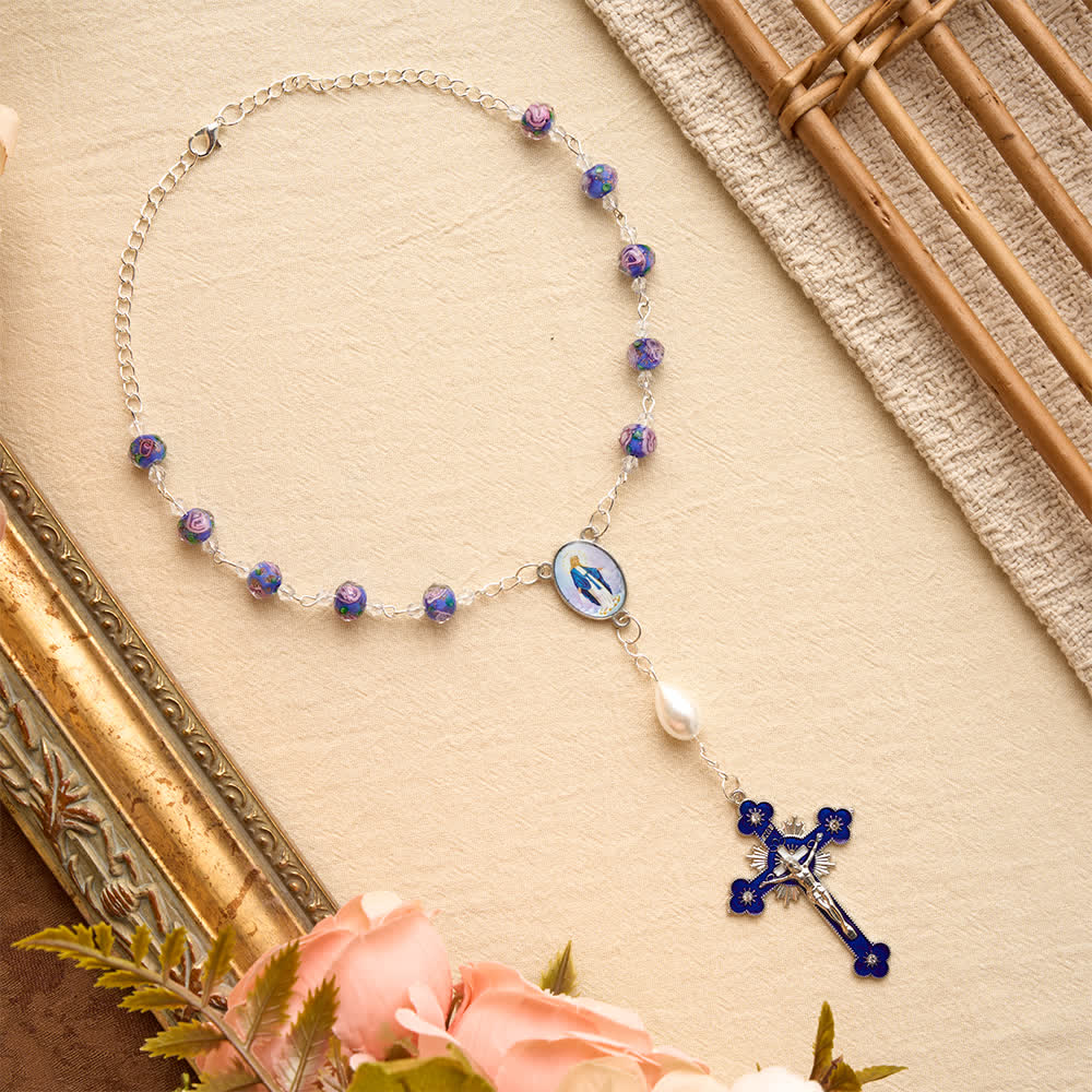 Christianartworkshop Compact Floral Glass Pocket & Car Rosary With Our Lady Medallion: Emblem of Gentle Heavenly Solace - image 2