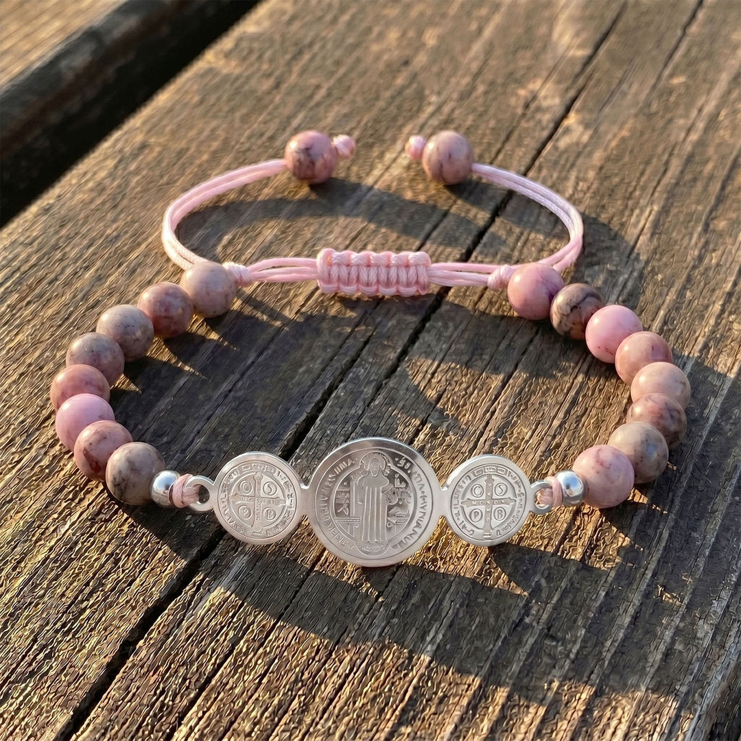 Christianartworkshop Slip Knot Adjustable Saint Beaded Bracelet Emblem Of Timeless Sacred Shelter - Silver - Pink Rhodonite - image 4