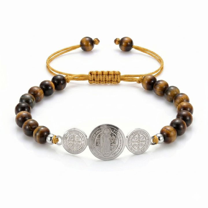 Christianartworkshop Slip Knot Adjustable Saint Beaded Bracelet Emblem Of Timeless Sacred Shelter - Silver - Tiger’s Eye - image 7