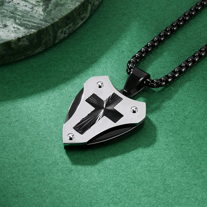 Christianartworkshop Sturdy Titanium Steel Shield‑Shaped Cross Necklace: Symbol Of Unwavering Spiritual Fortitude - Black - image 4