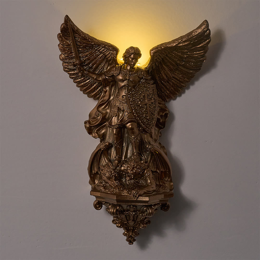 Christianartworkshop Grand Winged St.Michael Wall Sculpture With Backlight: Emblem Of Noble Heavenly Shelter - image 1