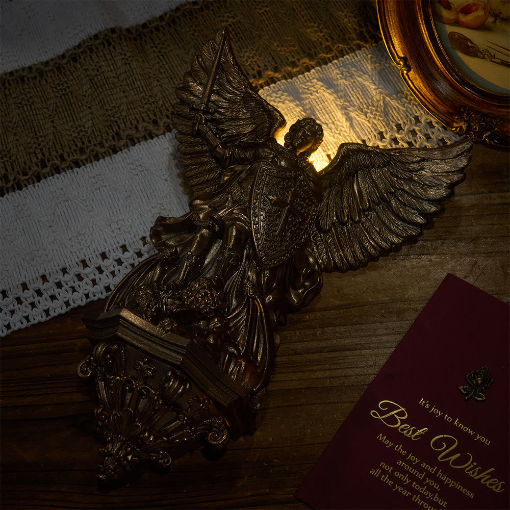 Christianartworkshop Grand Winged St.Michael Wall Sculpture With Backlight: Emblem Of Noble Heavenly Shelter - image 2