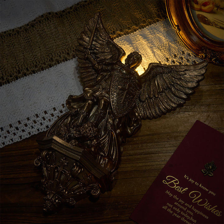 Christianartworkshop Grand Winged St.Michael Wall Sculpture With Backlight: Emblem Of Noble Heavenly Shelter - image 2