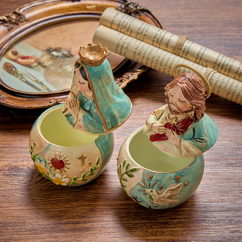 Christianartworkshop 2Pack Whimsical Sacred Heart Figurine Rosary Storage Boxes Jesus And Virgin Mary Decorative Religious Statue Cases - image 1