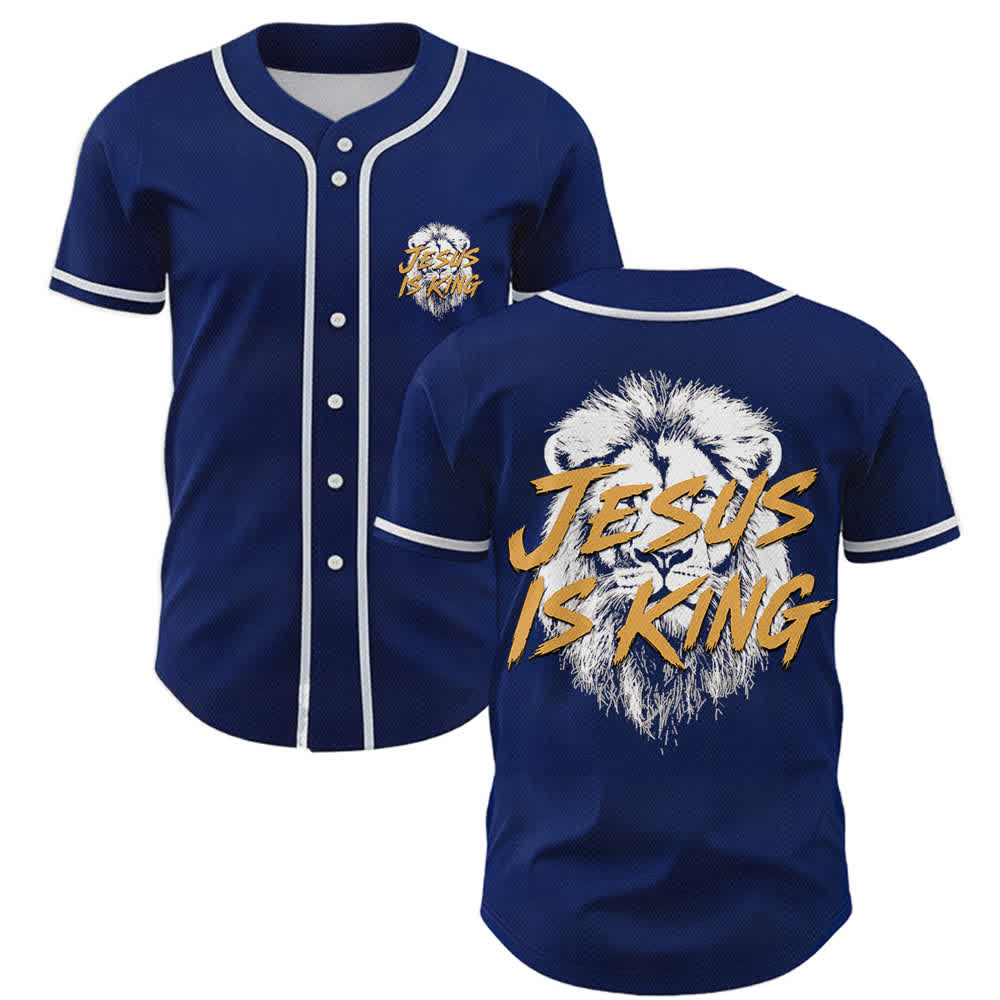 Christianartworkshop Jesus Is King Lion Graphic Baseball Jersey - Navy - 5XL - image 0