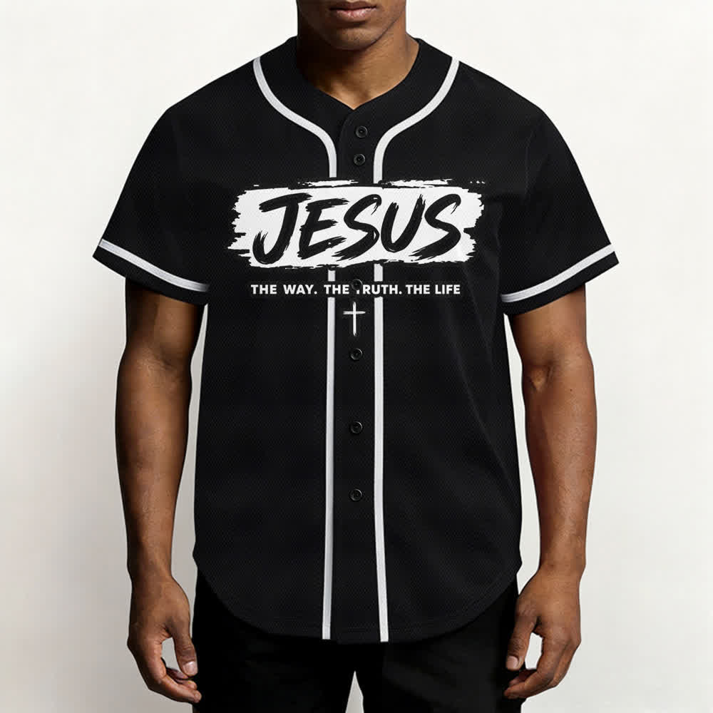 Christianartworkshop Jesus The Way Brush Print Black Baseball Jersey - image 6