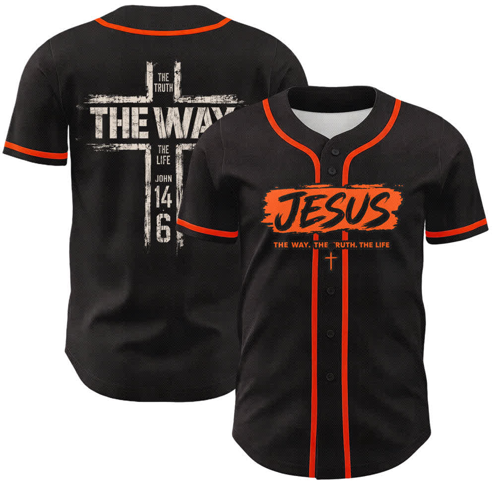Christianartworkshop Jesus The Way Brush Print Black Baseball Jersey - Orange - 5XL - image 21