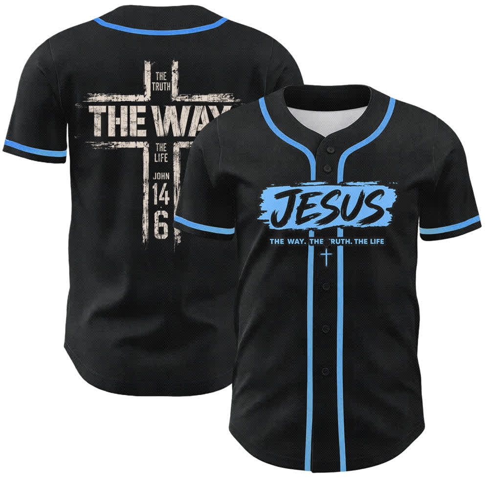 Christianartworkshop Jesus The Way Brush Print Black Baseball Jersey - Sky Blue - 5XL - image 35