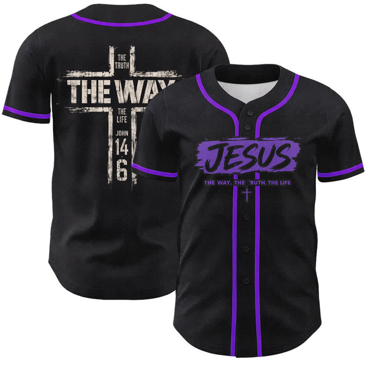 Christianartworkshop Jesus The Way Brush Print Black Baseball Jersey - Purple - 5XL - image 49