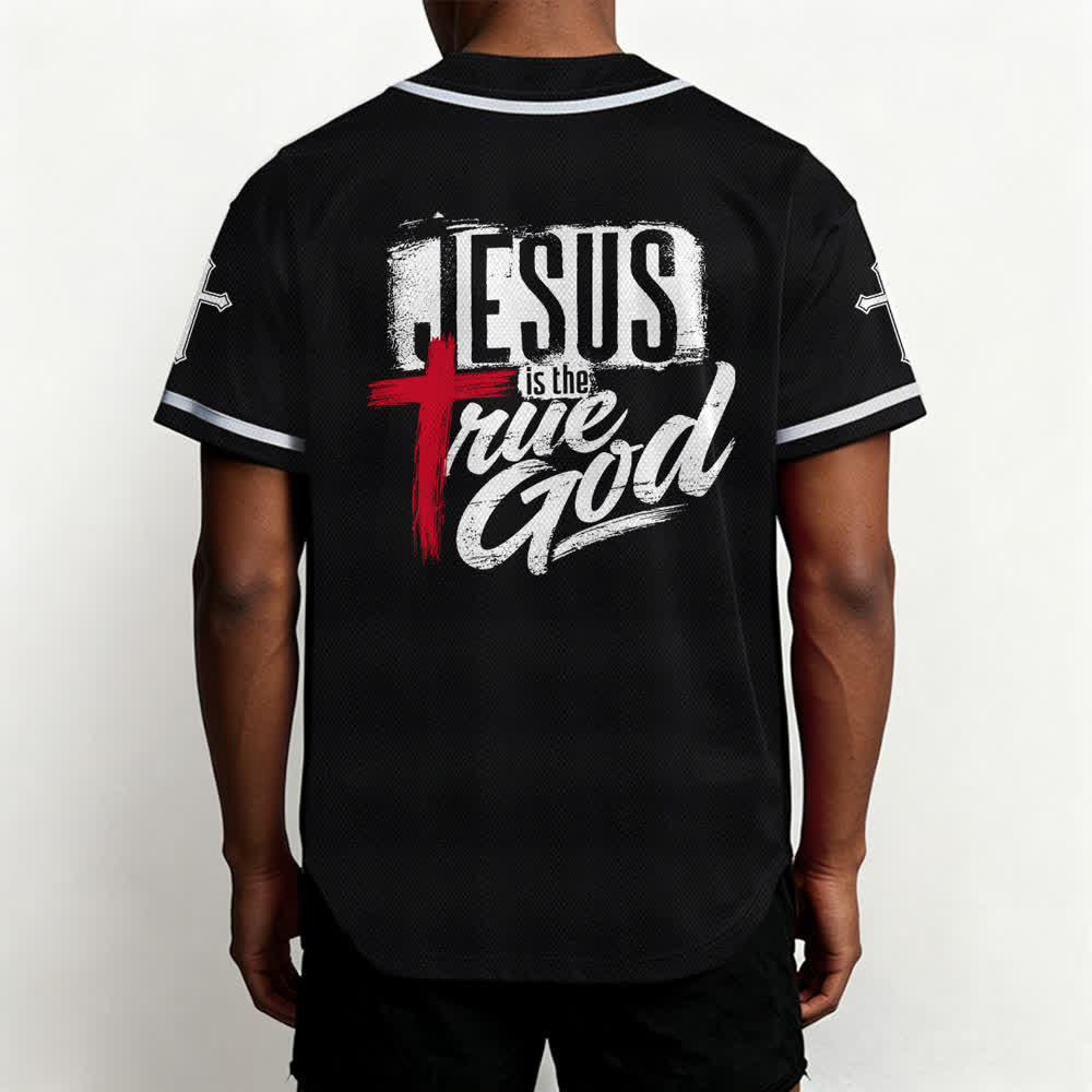 Christianartworkshop Jesus True God Red Cross Black Baseball Jersey - image 5