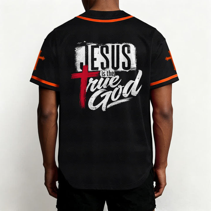 Christianartworkshop Jesus True God Red Cross Black Baseball Jersey - image 12