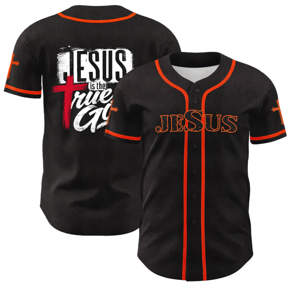 Christianartworkshop Jesus True God Red Cross Black Baseball Jersey - Orange - 5XL - image 7