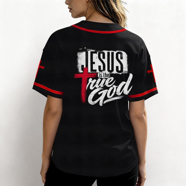 Christianartworkshop Jesus True God Red Cross Black Baseball Jersey - image 17