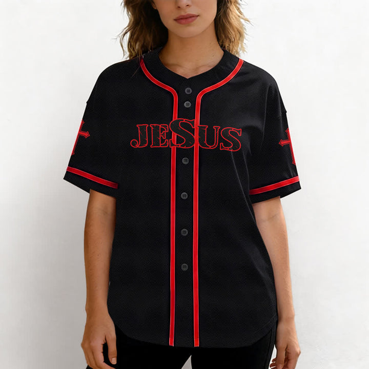 Christianartworkshop Jesus True God Red Cross Black Baseball Jersey - image 18