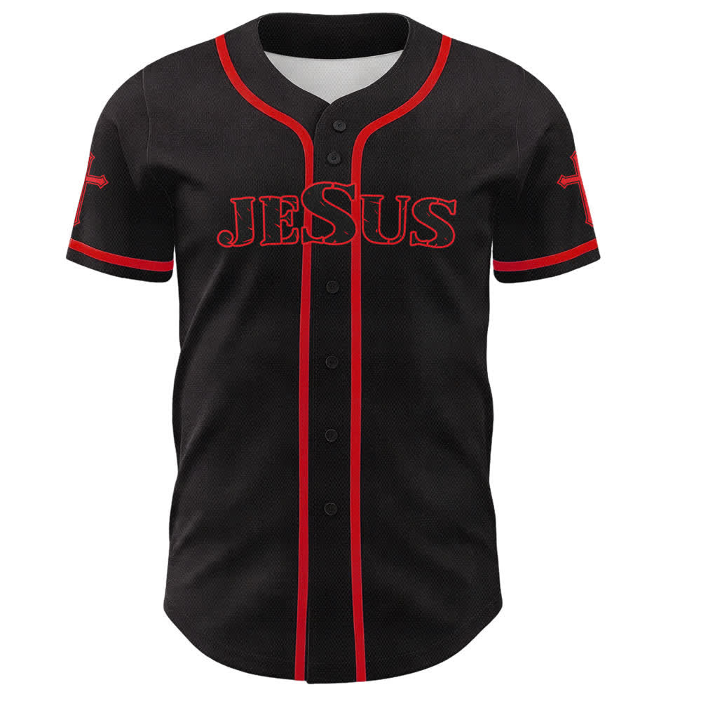 Christianartworkshop Jesus True God Red Cross Black Baseball Jersey - image 16