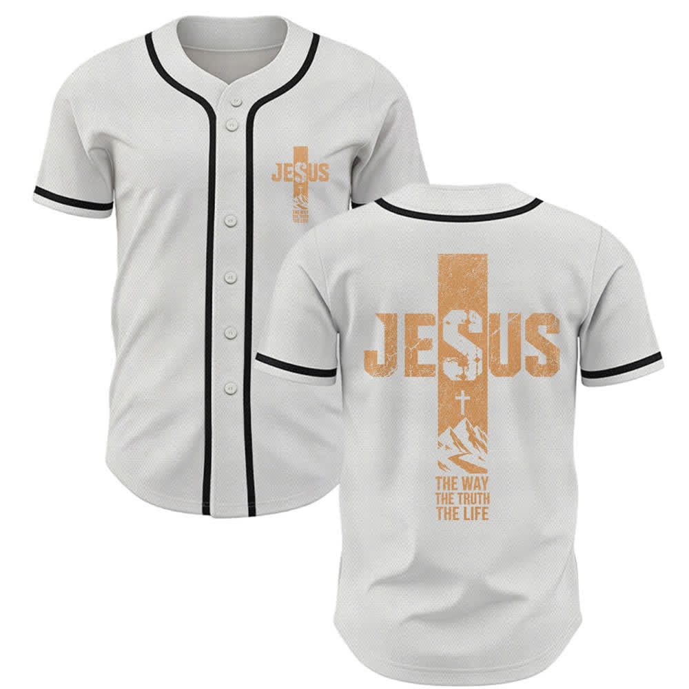 Christianartworkshop Jesus Cross Distressed Button Front Baseball Jersey - White - 5XL - image 0