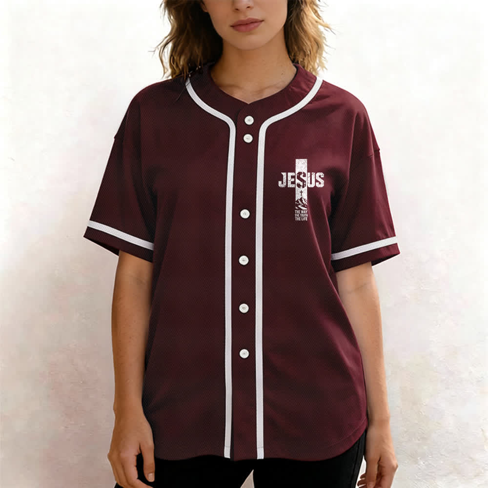 Christianartworkshop Jesus Cross Distressed Mesh Button Front Baseball Jersey - image 25