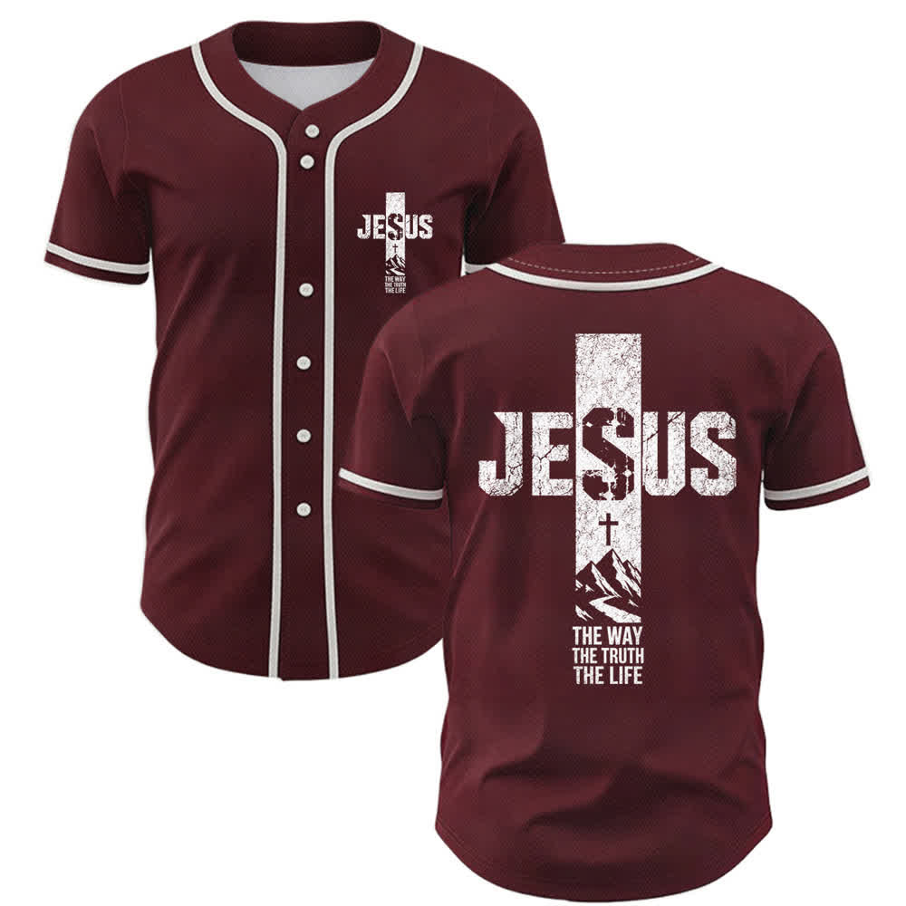 Christianartworkshop Jesus Cross Distressed Mesh Button Front Baseball Jersey - Wine - 5XL - image 21