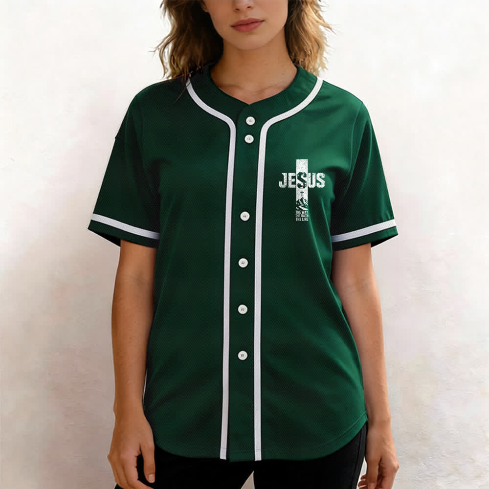 Christianartworkshop Jesus Cross Distressed Mesh Button Front Baseball Jersey - image 39