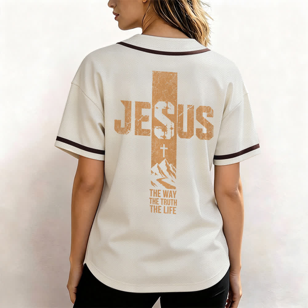 Christianartworkshop Jesus Cross Distressed Mesh Button Front Baseball Jersey - image 45