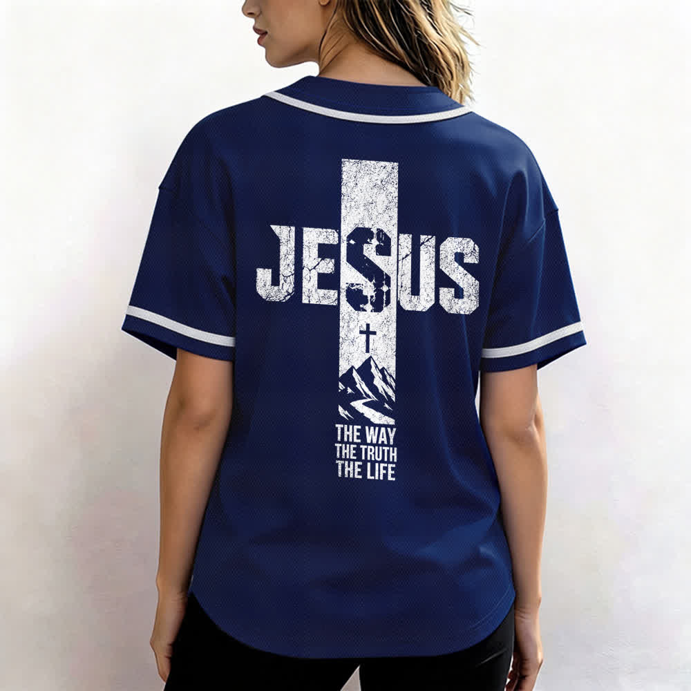 Christianartworkshop Jesus Cross Distressed Mesh Button Front Baseball Jersey - image 52
